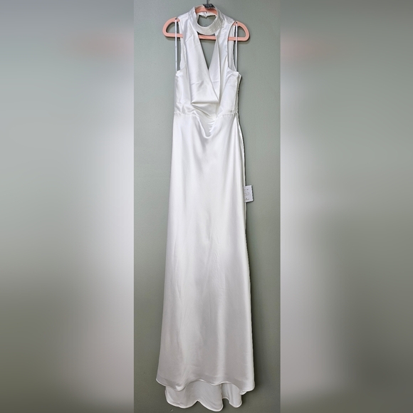 Lulus Gorgeous Vow White Satin Mock Neck Cowl Mermaid Maxi Dress, Small - Picture 10 of 11